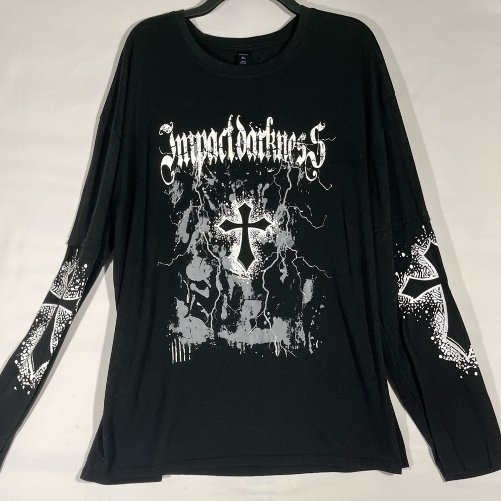 ROMWE IMPACT DARKNESS GRAPHIC TEE MEN XL BLACK/WHITE LONG‎ SLEEVE EDGY CROSS